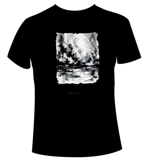 Ink landscape T-shirt girocollo nera manica corta