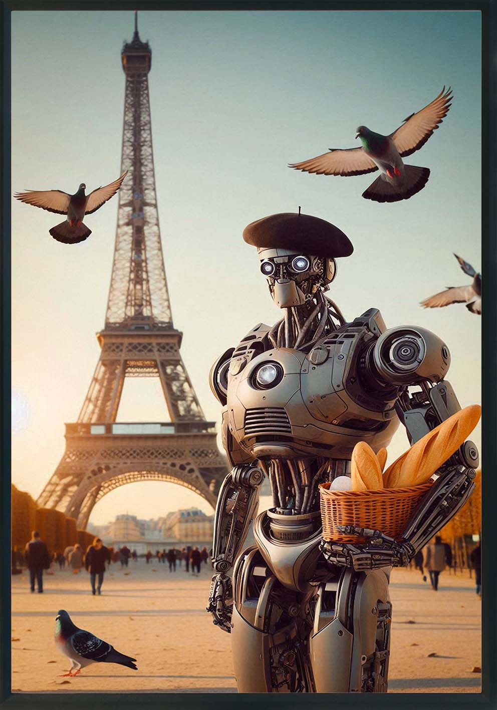 Quadro “Bonjour Futuro” – Robot a Parigi con baguette, arte pop-surrealista Cod 196