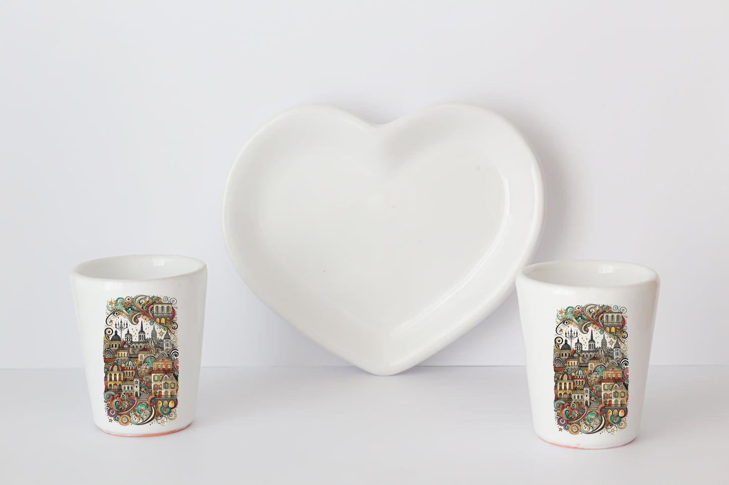 Bicchierini con Vassoio Cuore bianco in Ceramica Artigianale Cod1