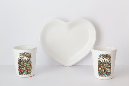 Bicchierini con Vassoio Cuore bianco in Ceramica Artigianale Cod1