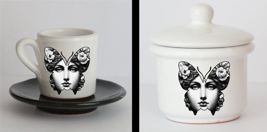 Set Tazzine e Zuccheriera in Ceramica con Grafica d'Autore Cod.14