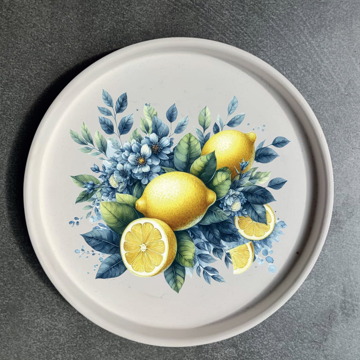 Vassoio in ceramica artigianale circolare decorato con grafica artistica CodB1