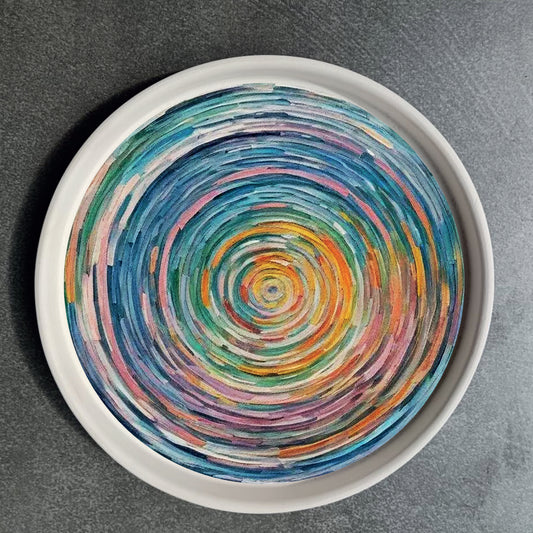 Vassoio in ceramica artigianale circolare 20cm decorato con grafica artistica CodB6