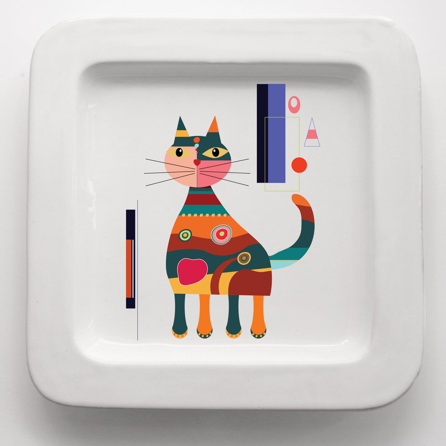 Vassoio quadrato in ceramica fatto a mano con grafica Gatto Pop CodC8