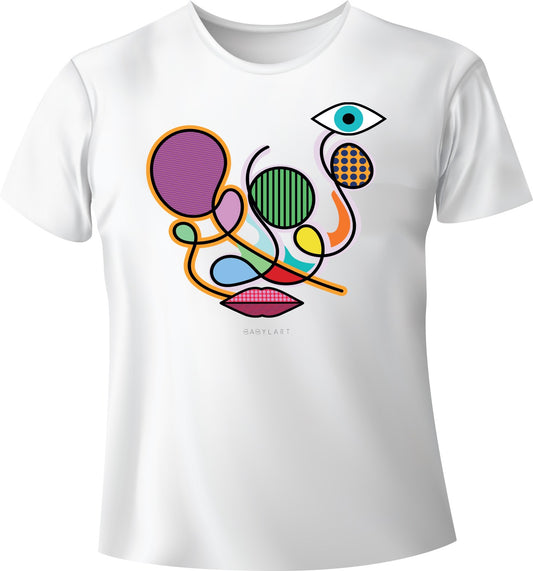 Volto stilizzato T-shirt girocollo bianca manica corta